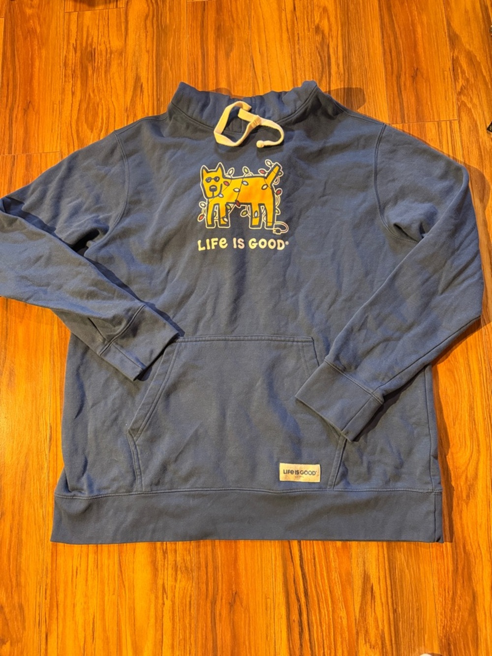 Life Is Good Blue Sweatshirt with Yellow Dog Graphic